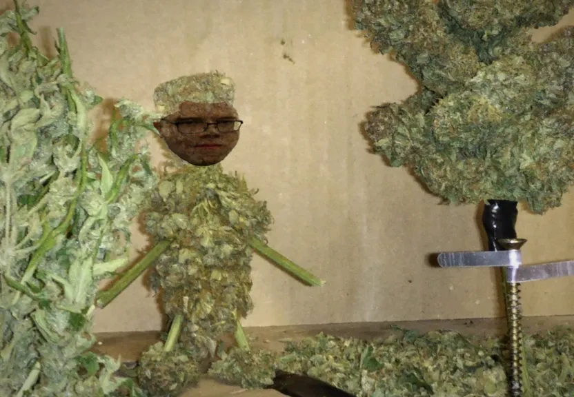 a man standing in front of a pile of marijuana