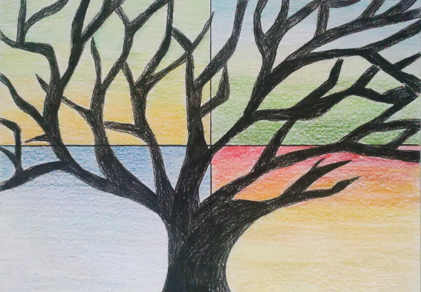 a drawing of a tree with a rainbow sky in the background