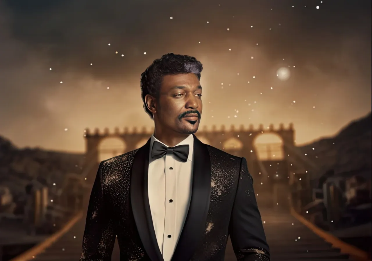 35 year old brown skin man with a small afro with a mallen square streak, where a white stylish tuxedo and a black bowtie, wearing black pants and black dress shoes, i can't believe how beautiful this is, matte painting, full-body shot, full-composition, full-shot, full-physique, vray, in the style of detailed facial features, sculpted, movie poster, abstract, cinematic lighting, blown glass and porcelain style 