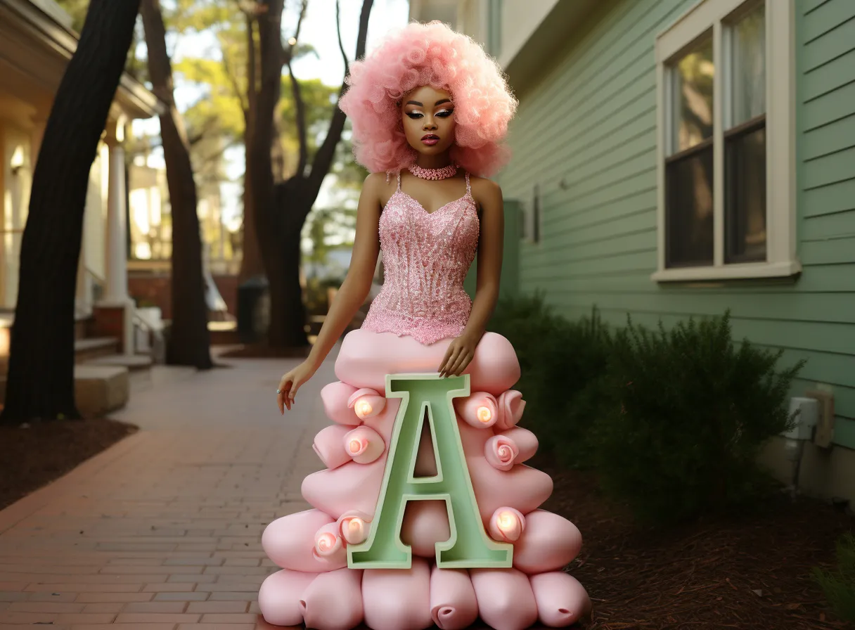 a woman with pink hair standing next to a letter, photographed by elsa bleda, 4K60, 10 - bit Dolby Vision HDR, Sony FE 250mm GM OSS Lens, intricate details, super detailed