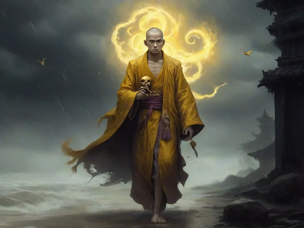 a man in a yellow robe holding a skull