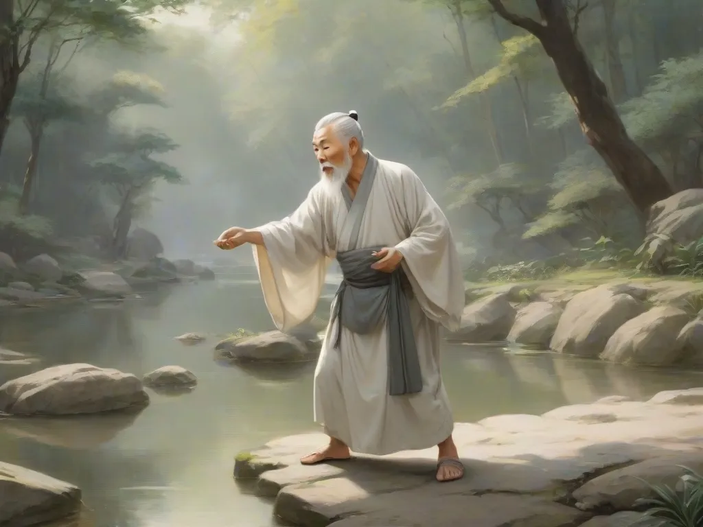 a painting of a man standing on a rock in a forest