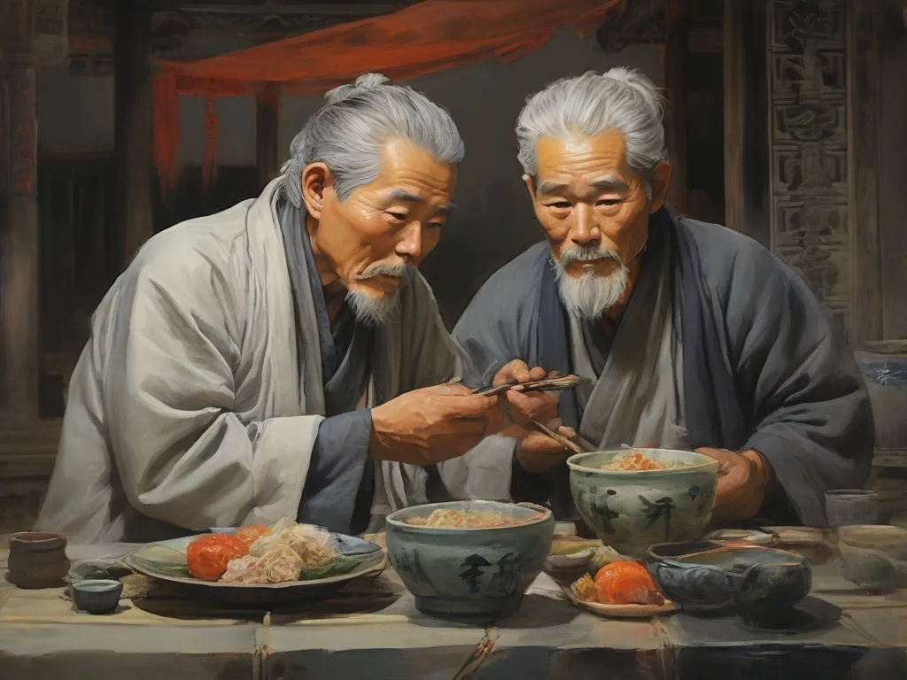 a painting of two asian men eating out of bowls