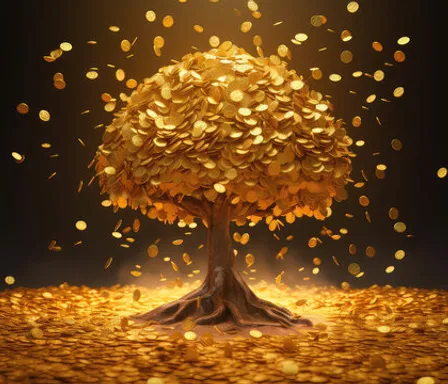 a golden tree surrounded by gold coins