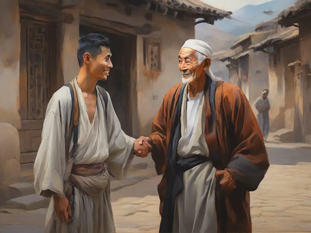 a painting of two men shaking hands in front of a village