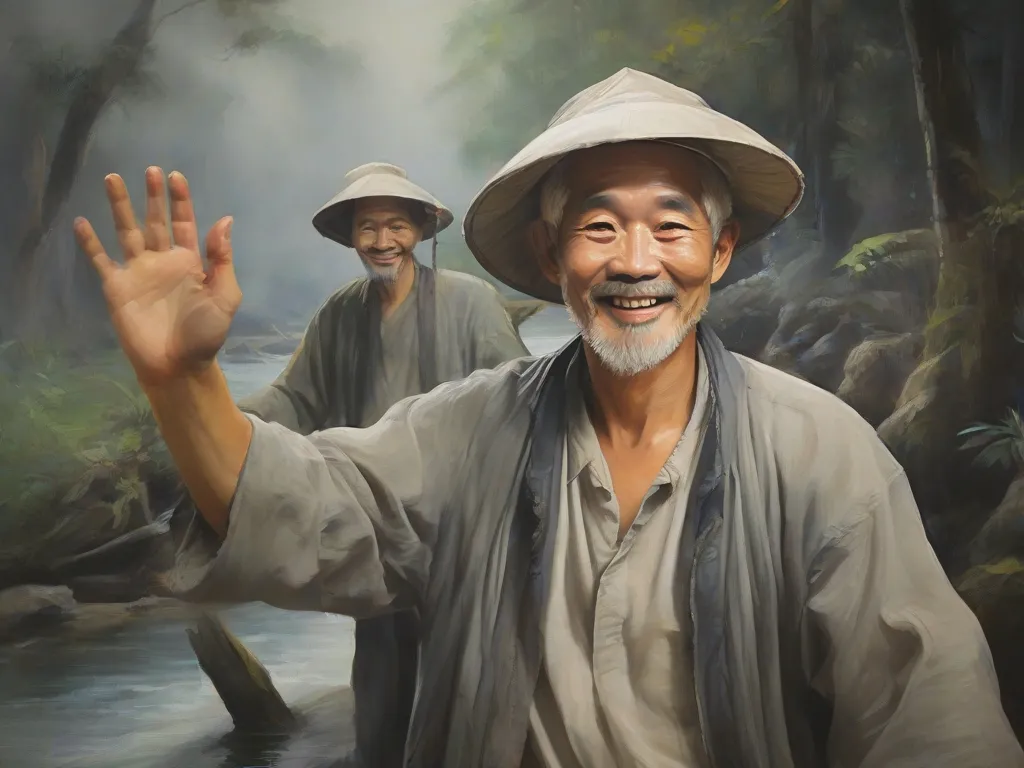 a painting of two men standing in front of a river