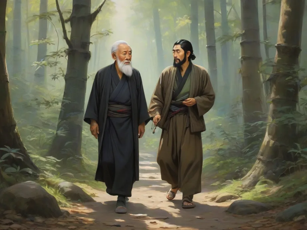 As if painted in oil, it generates an image where you can see an old oriental man with a short beard and a 20-year-old young man with black hair and greenish clothes, walking through a forest in front of a pond of clear water. The old man points a finger at the water