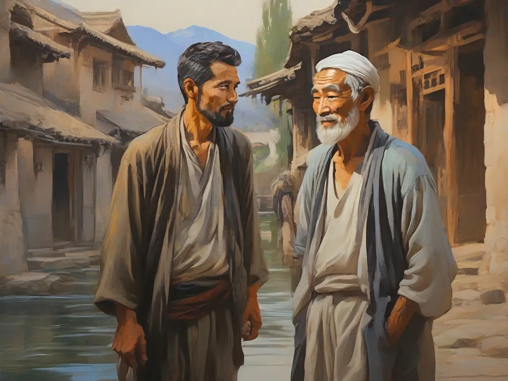 a painting of two men standing next to each other