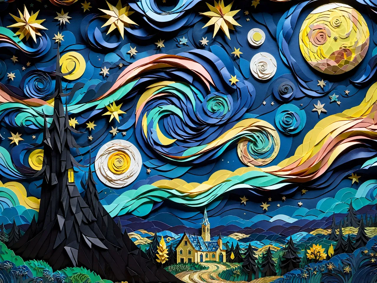 a painting of a night sky with stars and clouds