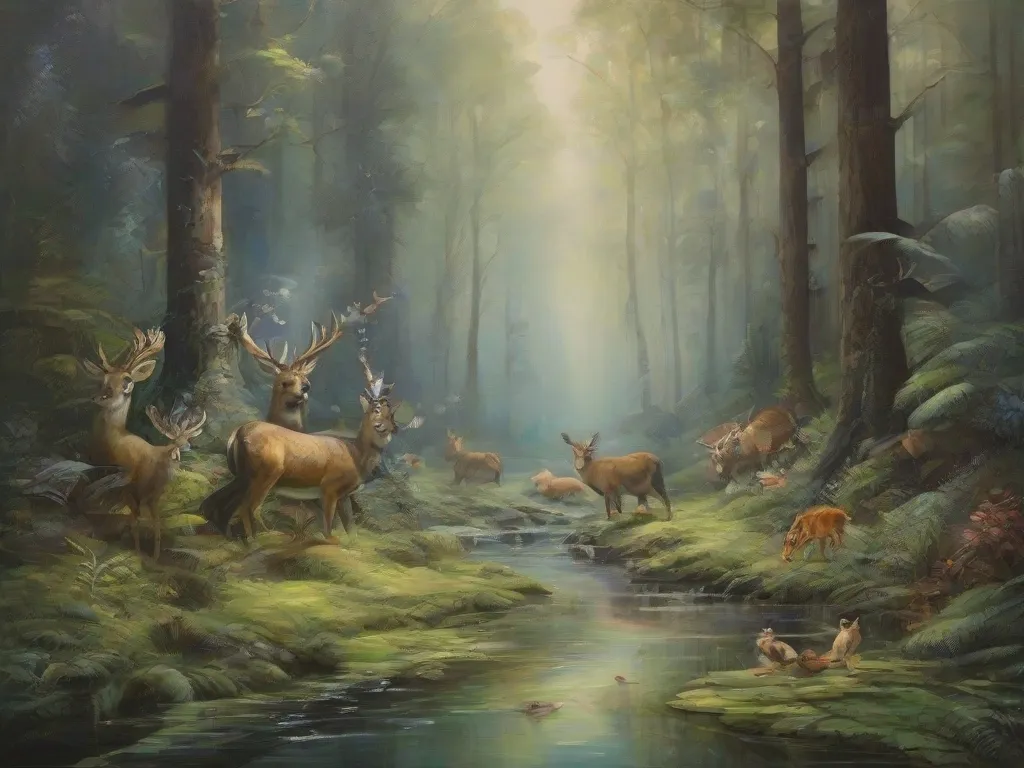 a painting of deer in a forest by a stream