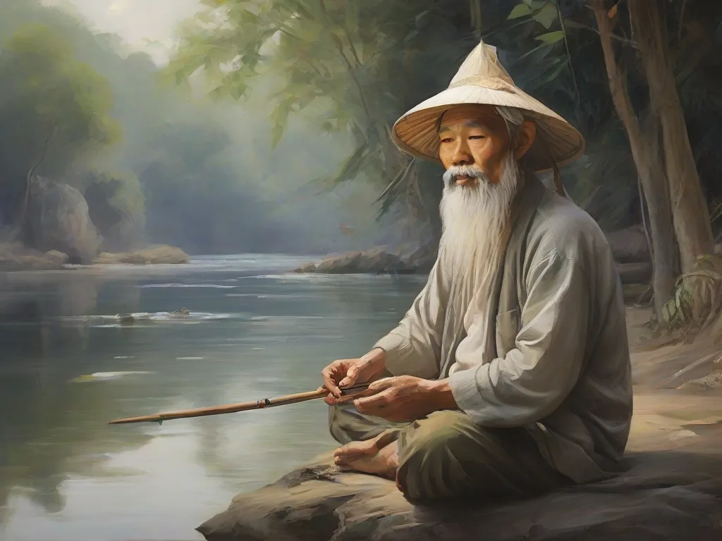 a painting of a man sitting on a rock with a fishing pole