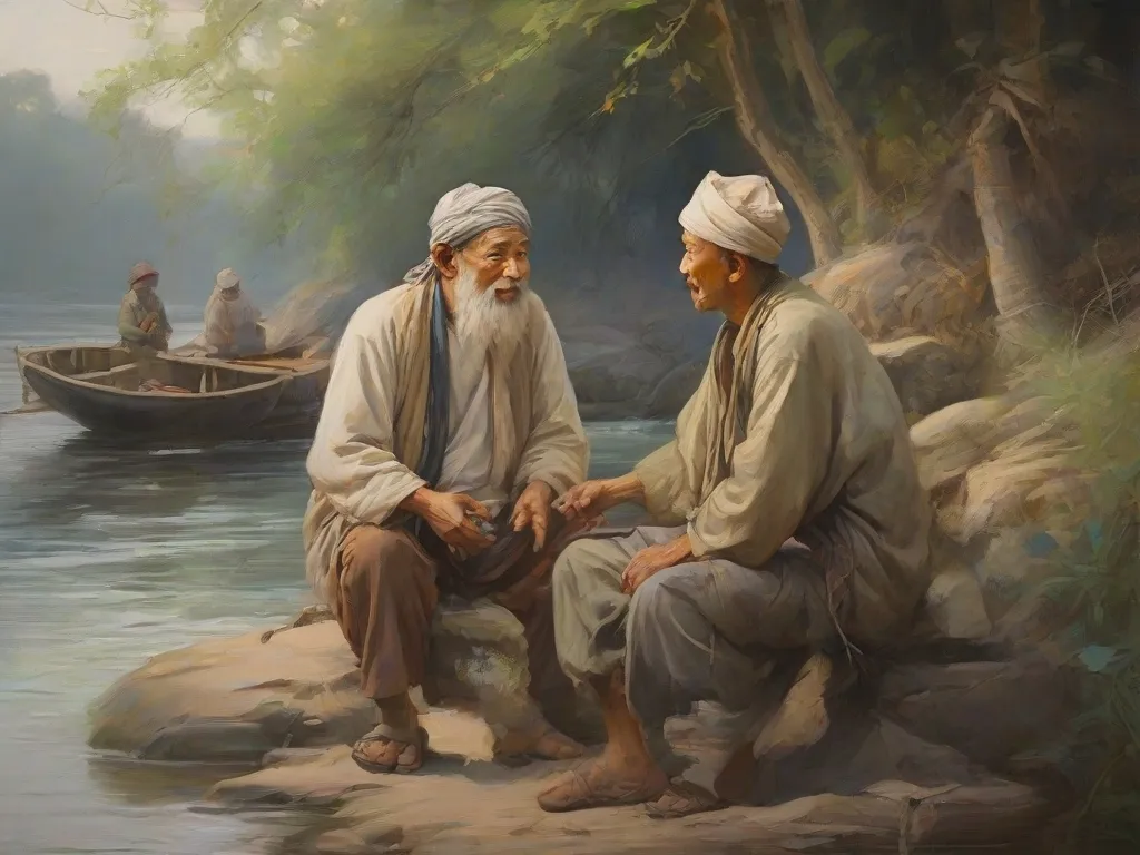 a painting of two men sitting next to each other