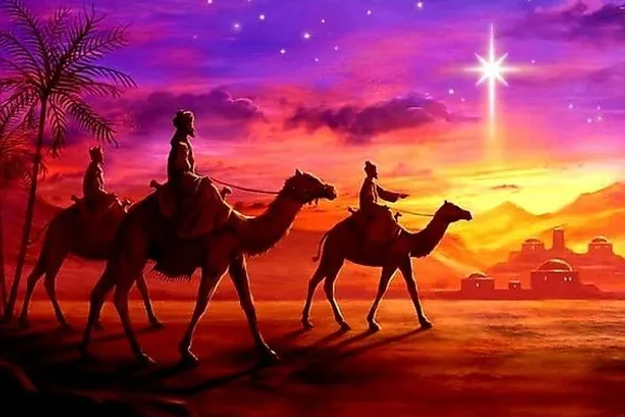 Create an enchanting landscape featuring a group of men riding camels in the vast desert at sunset. The serene silhouettes of the camels and riders stand out gracefully against the warm and vivid hues of the evening sky. Infuse the background with a delightful blend of pinkish and subtle orange tones, capturing the magical atmosphere of a desert sunset. The image, presented in a landscape aspect ratio of 16:9, is a visual masterpiece that evokes the tranquility and beauty of a desert twilight.