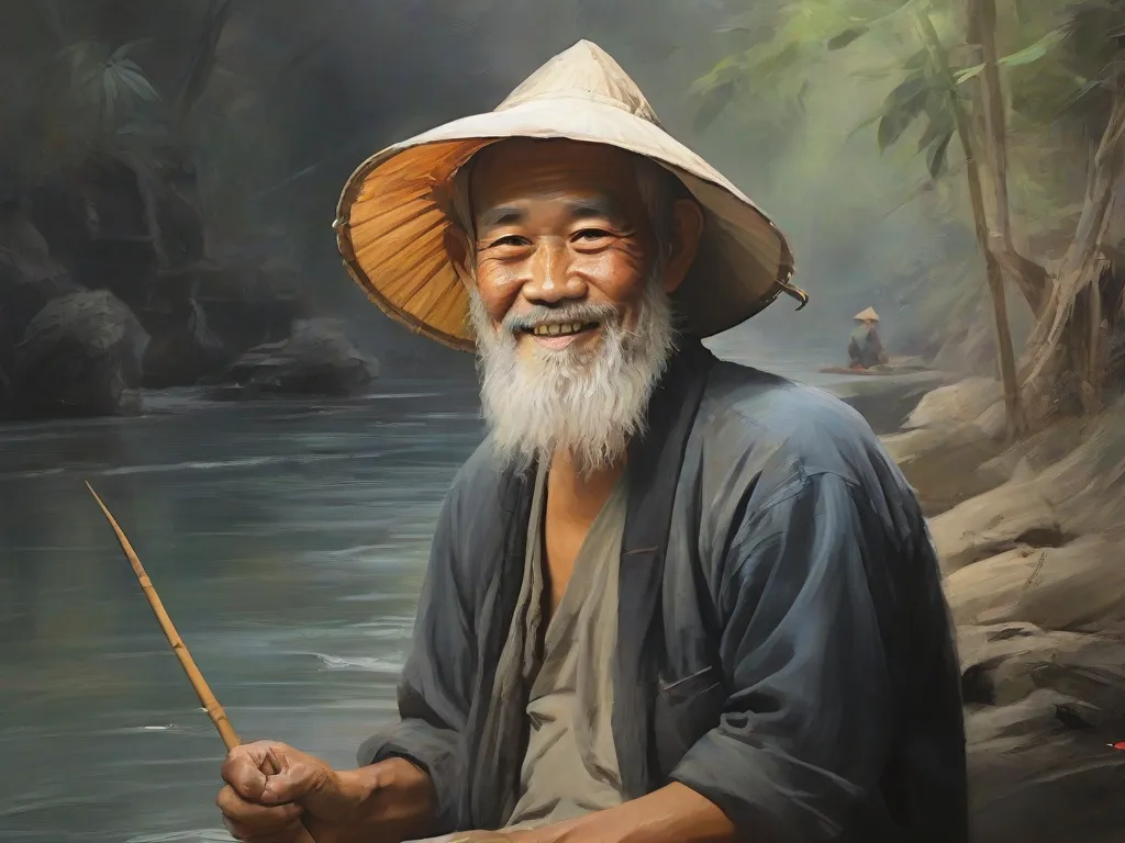 a painting of a man with a hat holding a stick