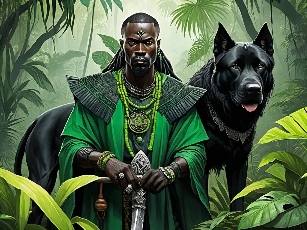 a painting of a man and a dog in a jungle