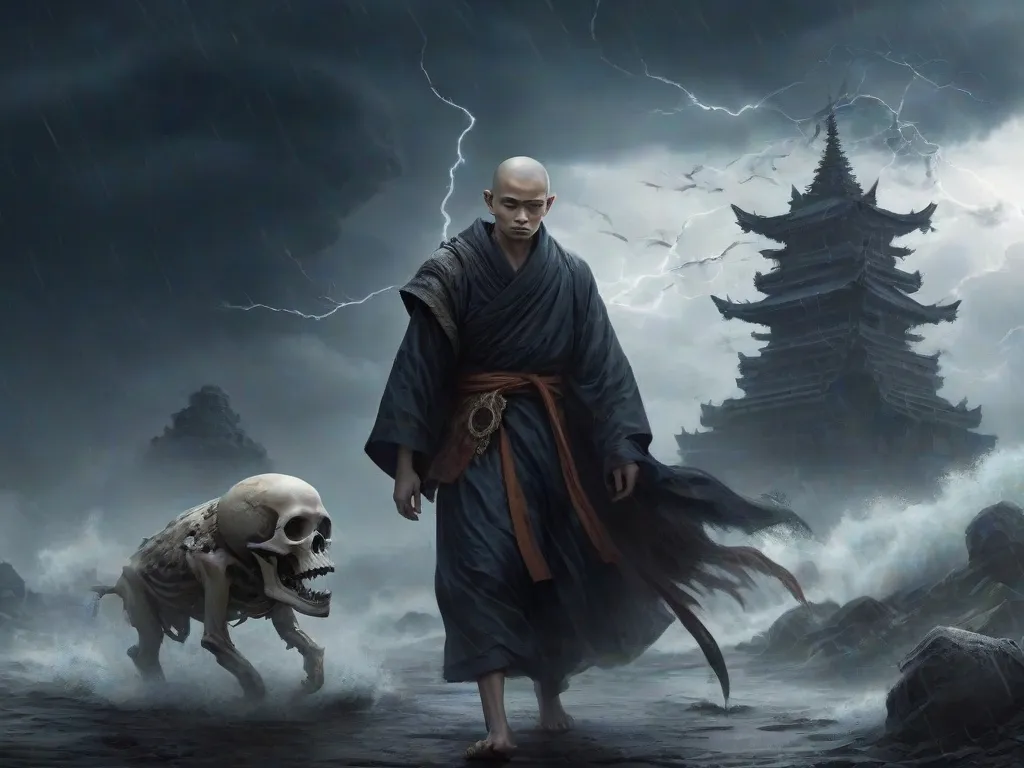 a man walking next to a skeleton in a storm