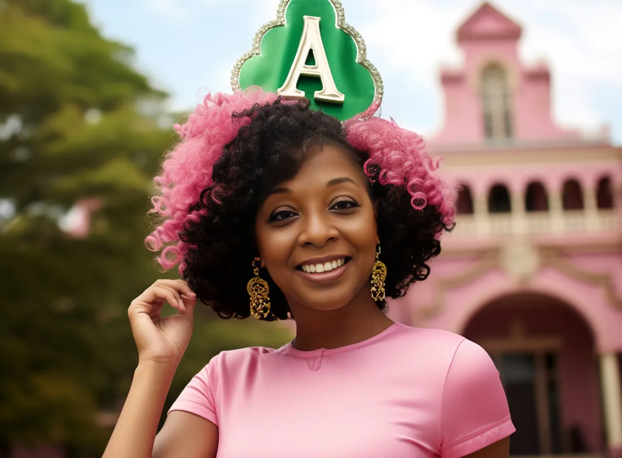 a woman in a pink dress with a green a on top of her head