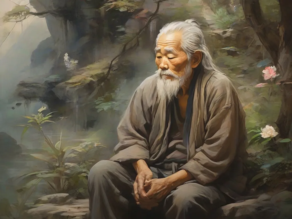 a painting of an old man sitting on a rock