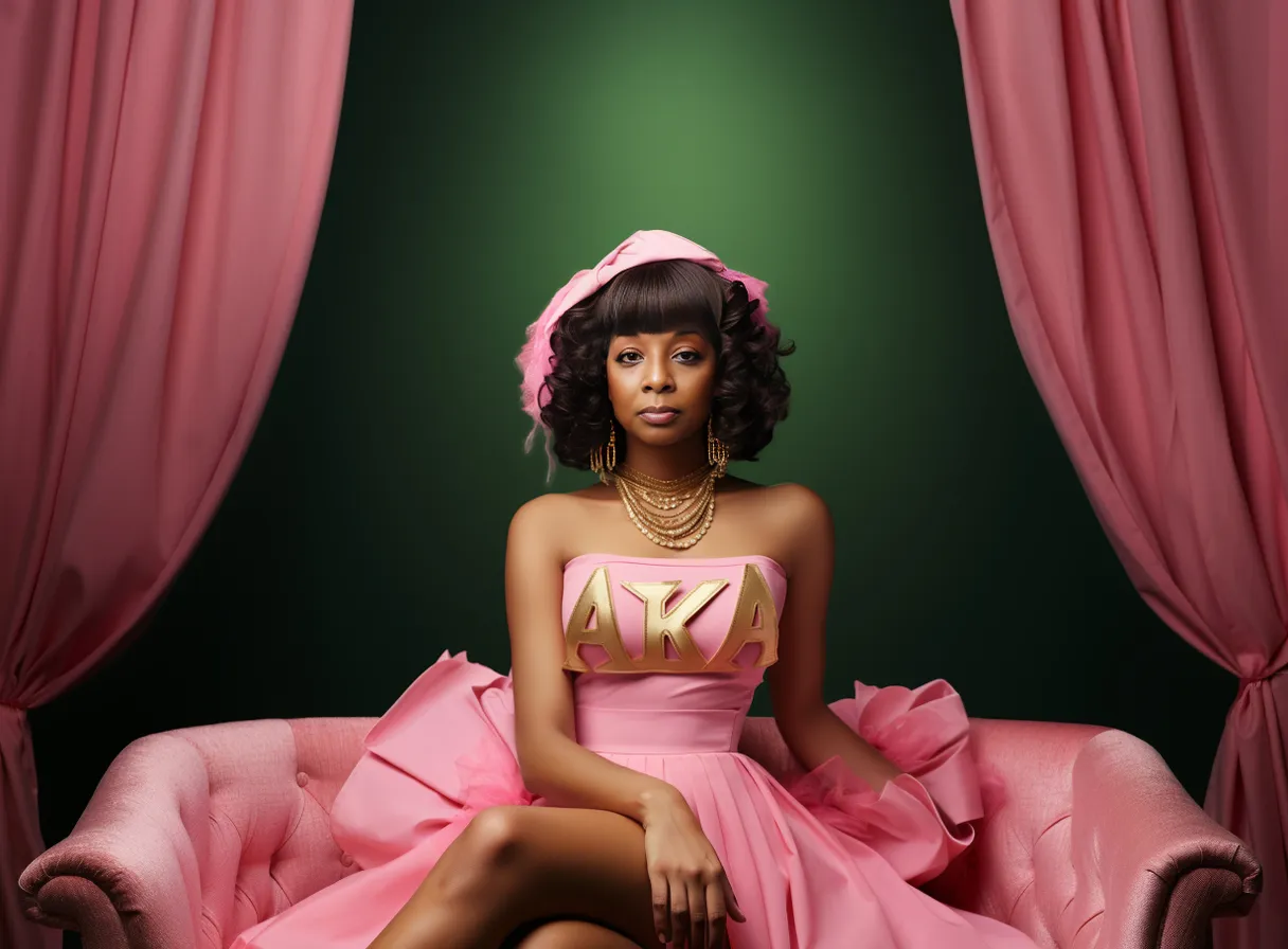 a woman in a pink dress sitting on a pink chair with the letters AKA on her dress