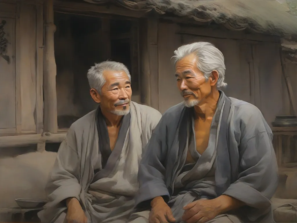 a painting of two men sitting next to each other