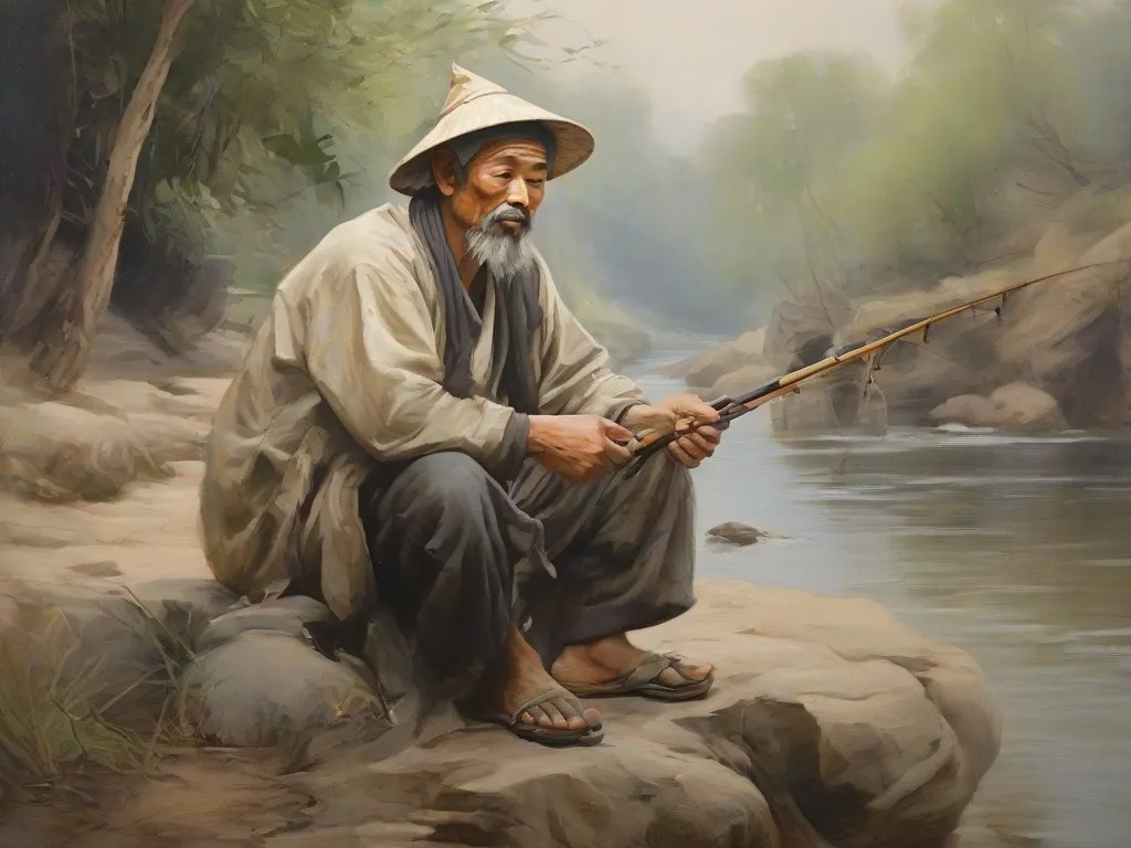 a painting of a man sitting on a rock fishing