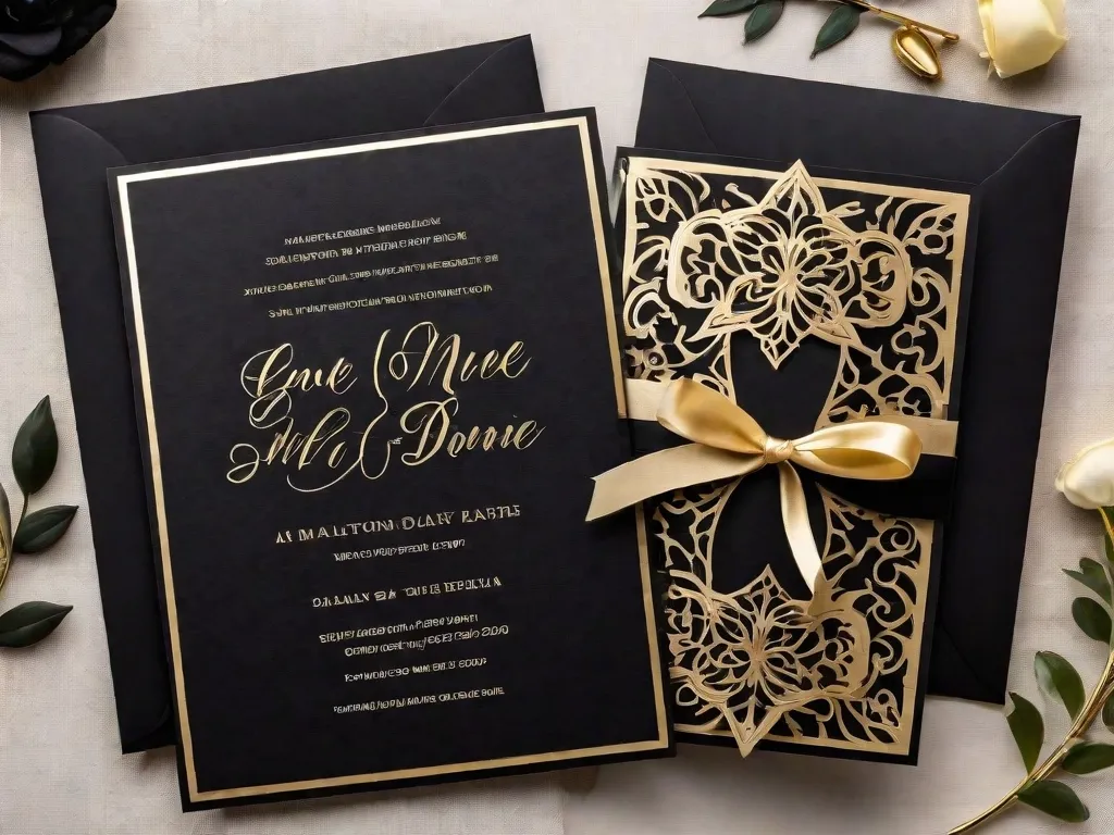 a black and gold wedding card with a bow