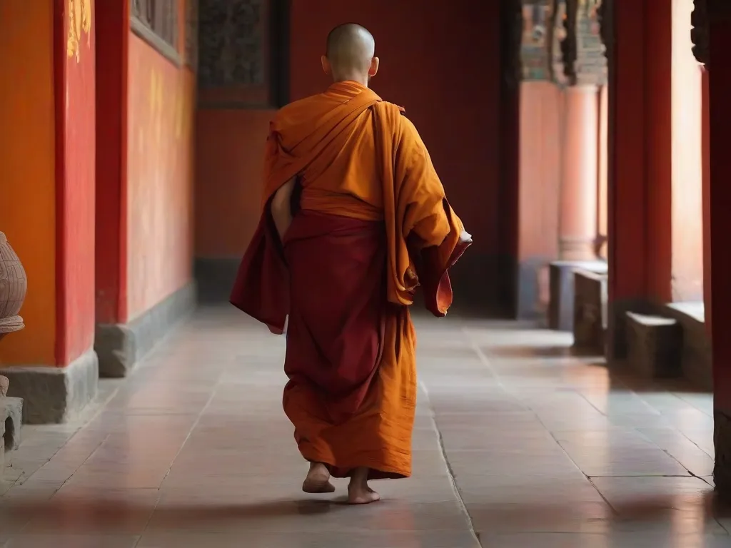 a monk walking down a hallway in a temple