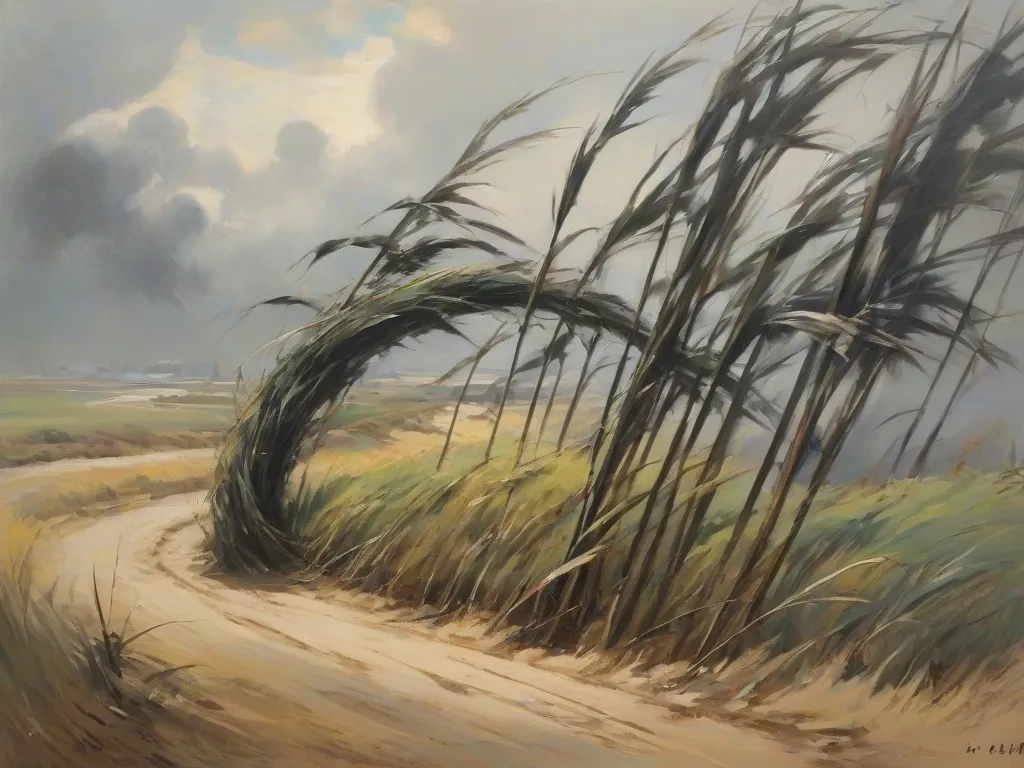 a painting of a dirt road with grass blowing in the wind