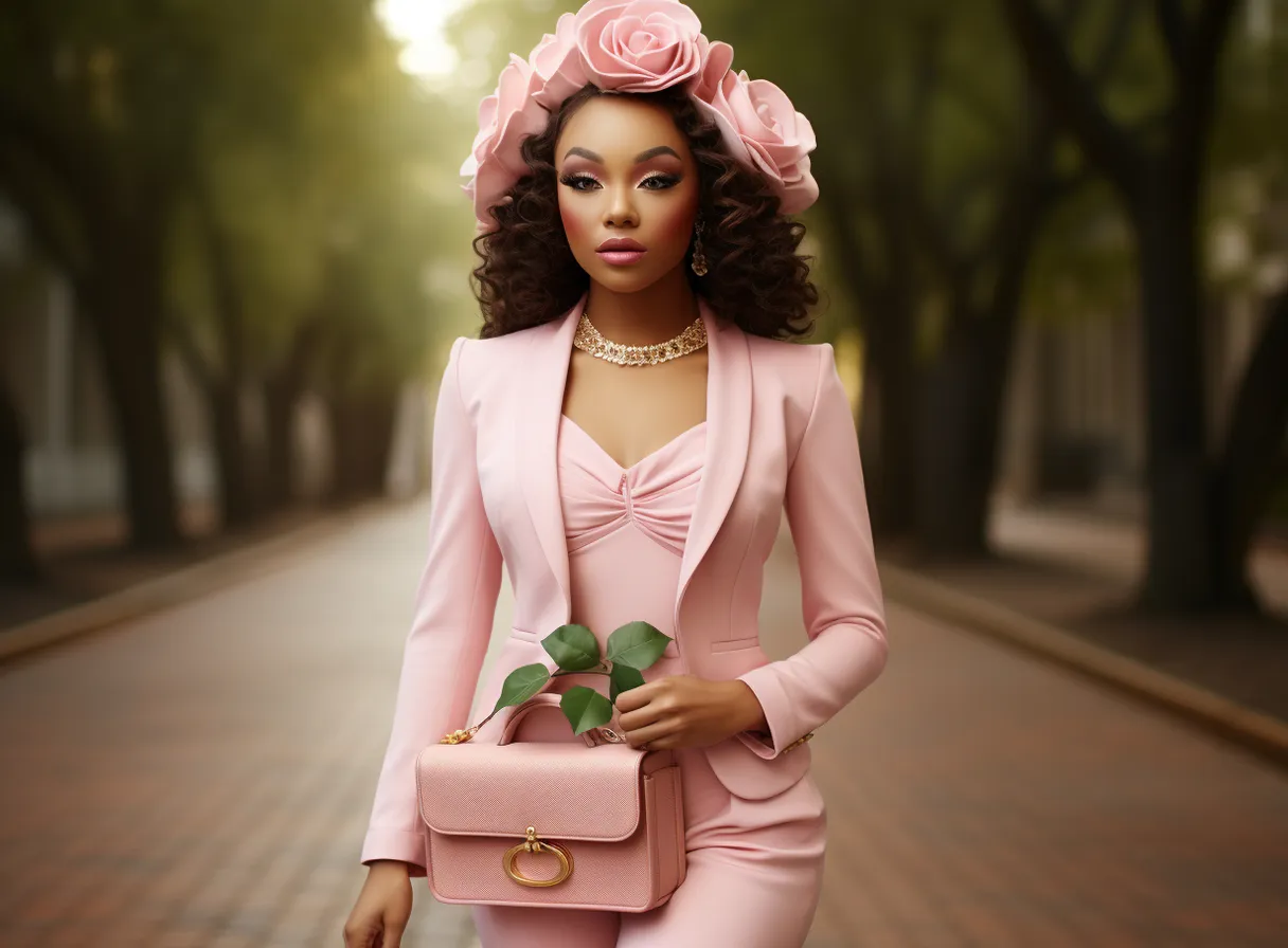 a woman in a pink suit and hat holding a pink purse, photographed by elsa bleda, 4K60, 10 - bit Dolby Vision HDR, Sony FE 250mm GM OSS Lens, intricate details, super detailed