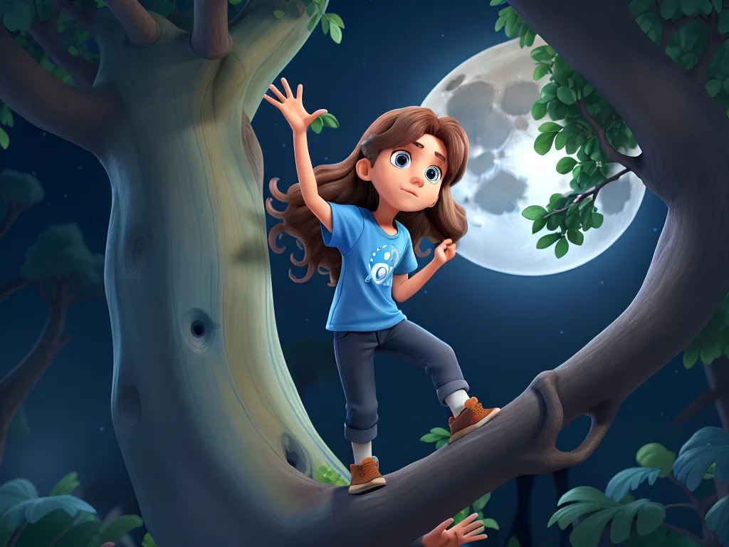 a young girl standing on a tree branch in front of a full moon