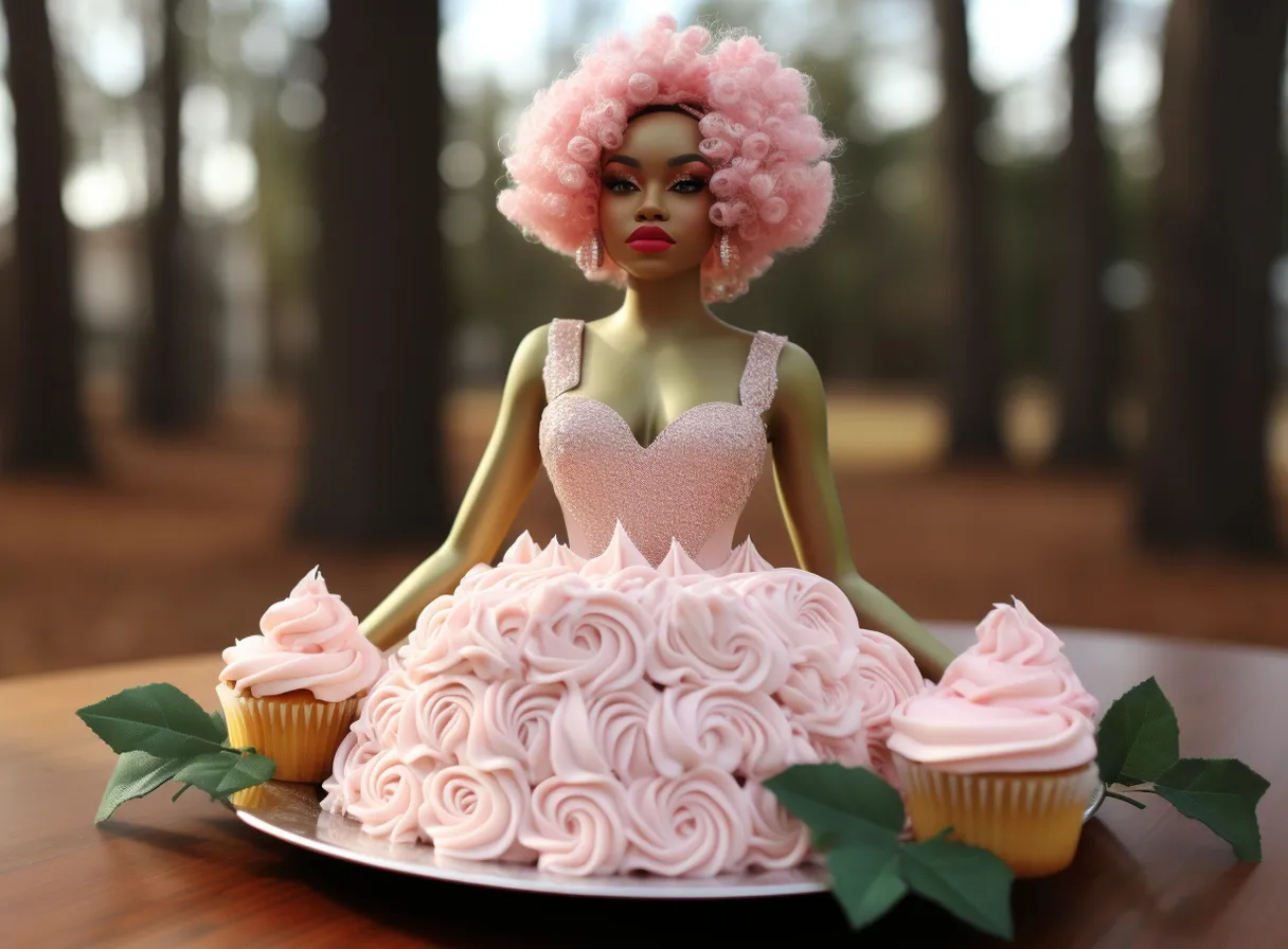 a pink cake with cupcakes on a table