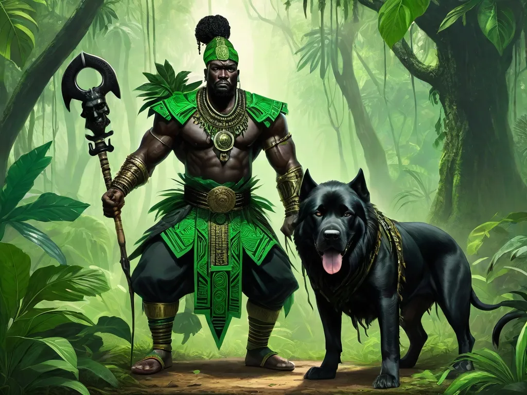 a painting of a man and a dog in the jungle