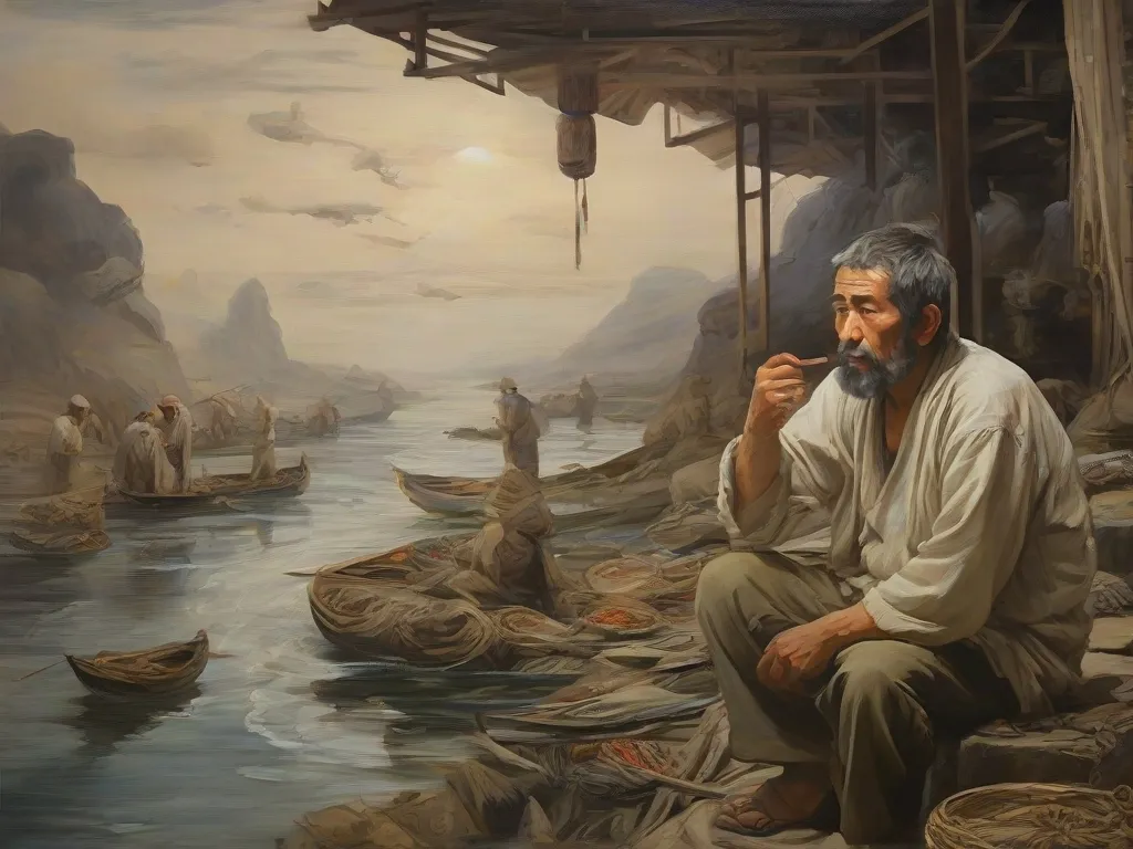 a painting of a man sitting on a rock next to a body of water