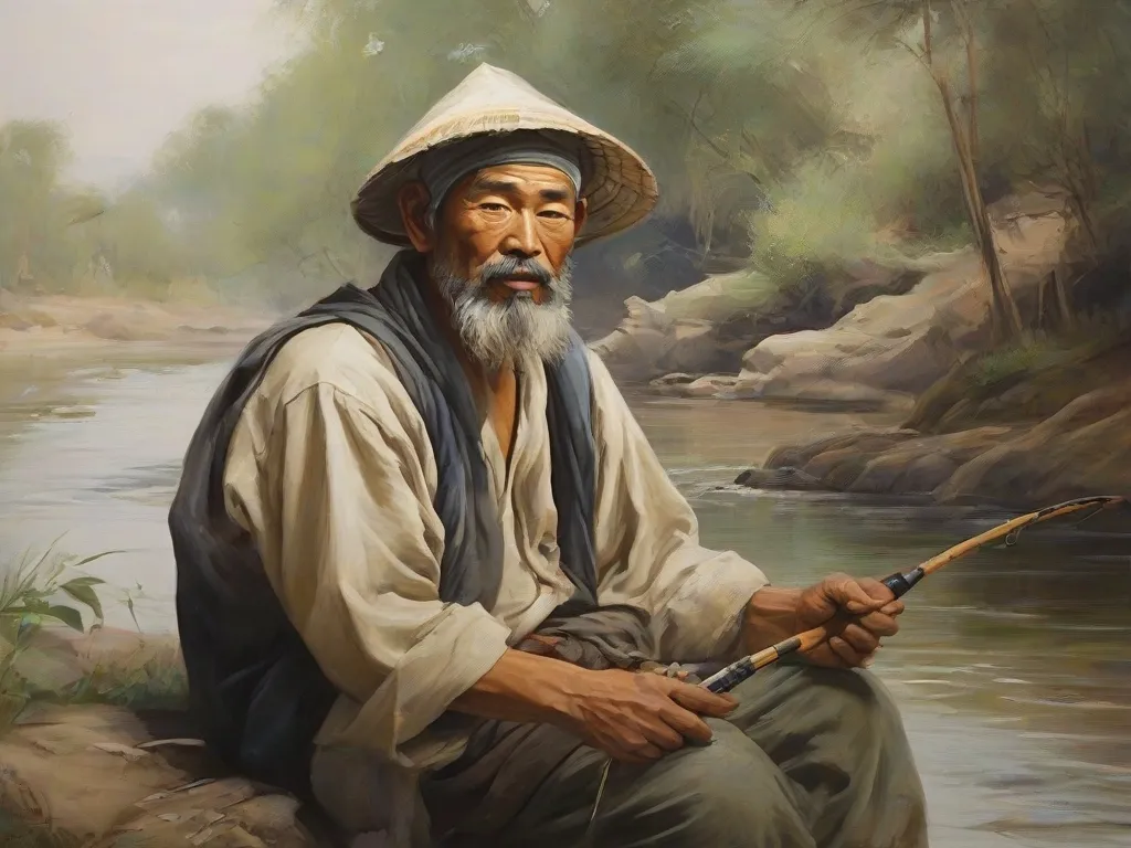 a painting of a man sitting on a rock with a fishing pole