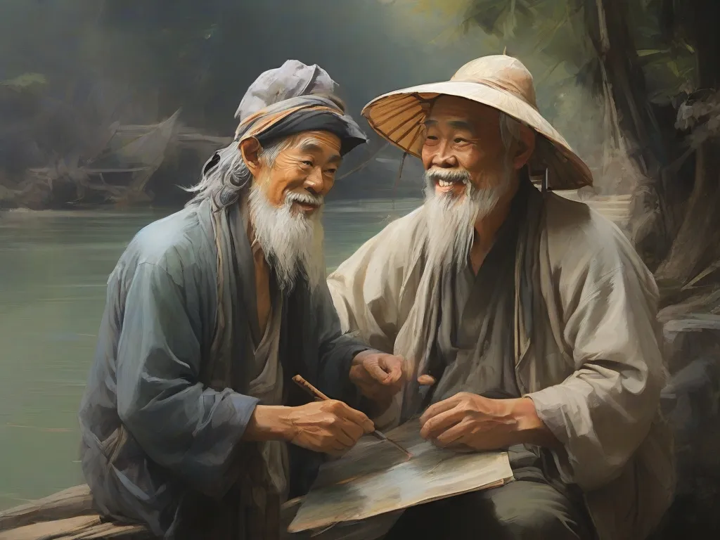 a painting of two men sitting next to each other