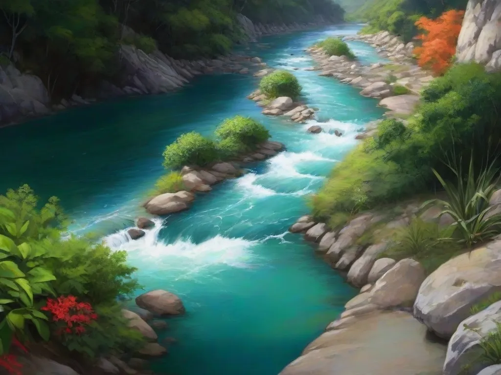 a painting of a river running through a lush green forest