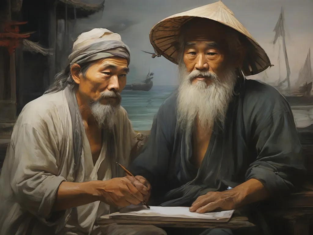 As if painted in oil, he draws an oriental fisherman with a Vietnamese hat and white beard being interrogated by a scholar