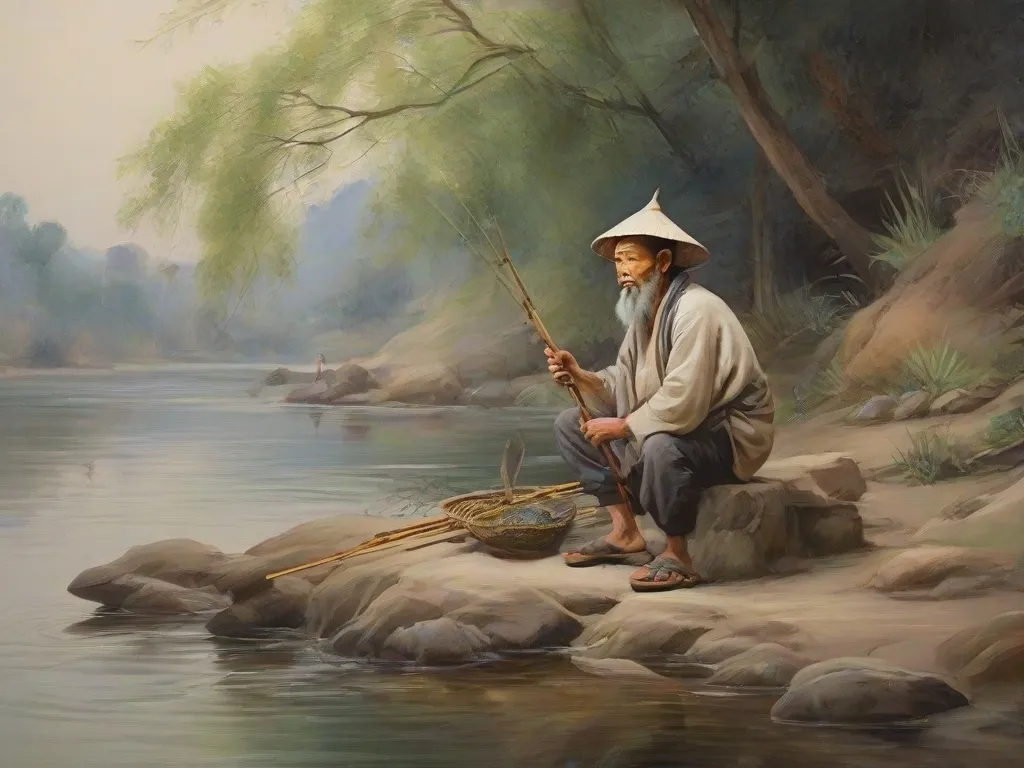 a painting of a man fishing on a river