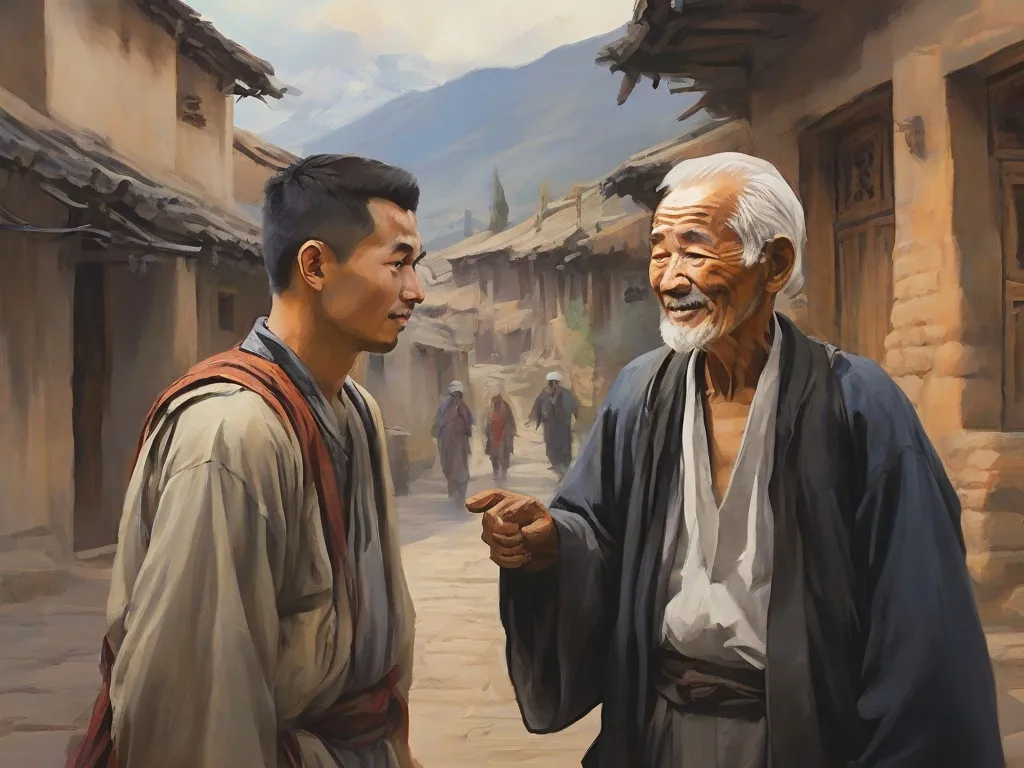 a painting of a 25 year old young man talking to an OLD MAN