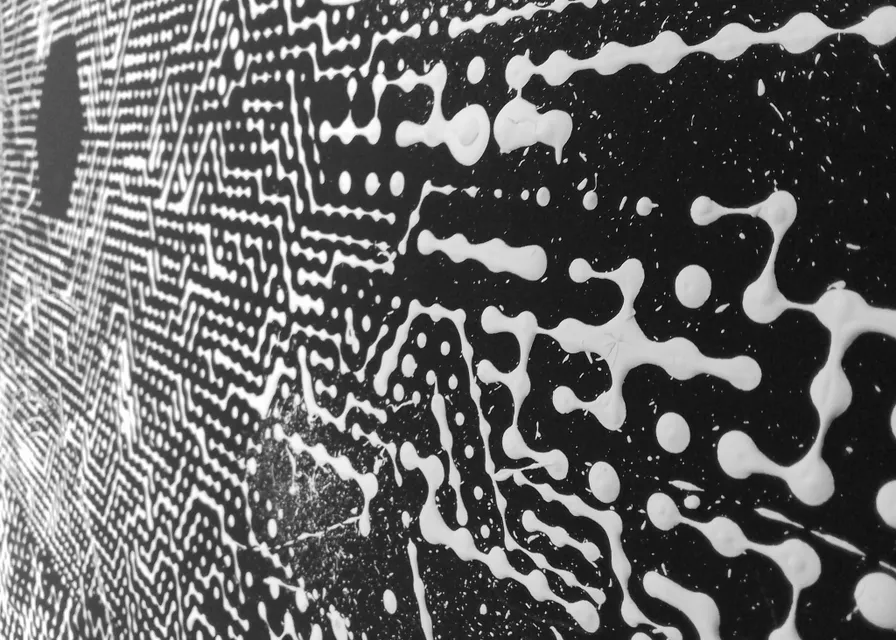 a black and white photo of a wall. water, vertebrate, organism, mammal, black-and-white, font, style, liquid, pattern, monochrome photography