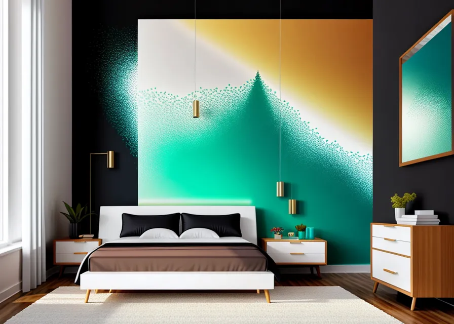 a bedroom with a large painting on the wall