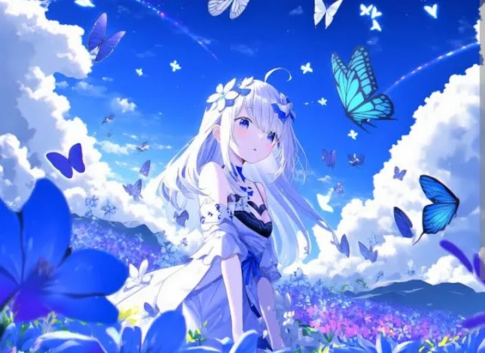 a woman standing in a field of blue flowers