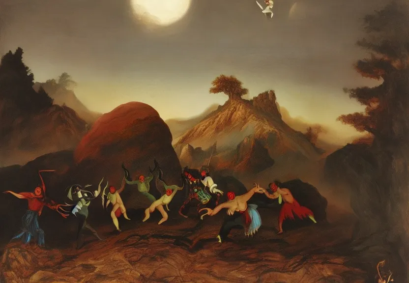 a painting of a group of people on a hill