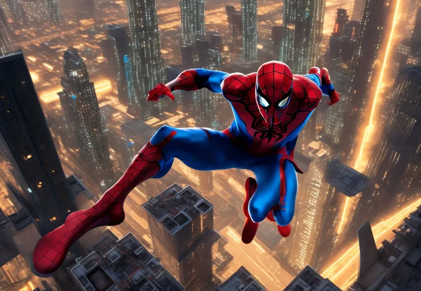 a spider - man flying over a city at night