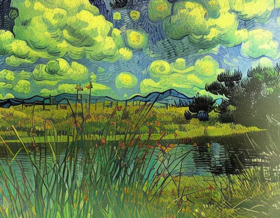 a painting of a field with a lake and mountains in the background