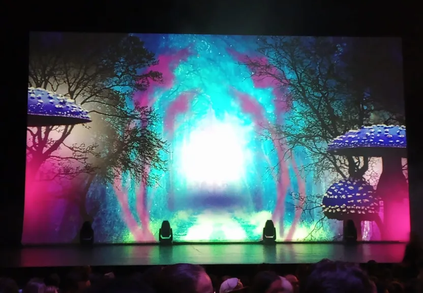 a stage with a large projection of mushrooms on it