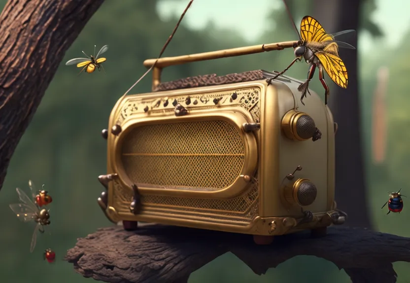 a gold radio sitting on top of a tree branch