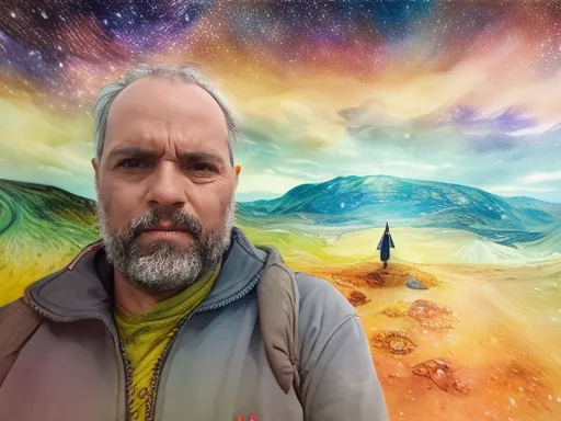 a man standing in front of a painting of a person