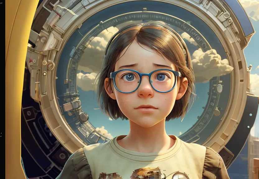 a young girl with glasses standing in front of a clock