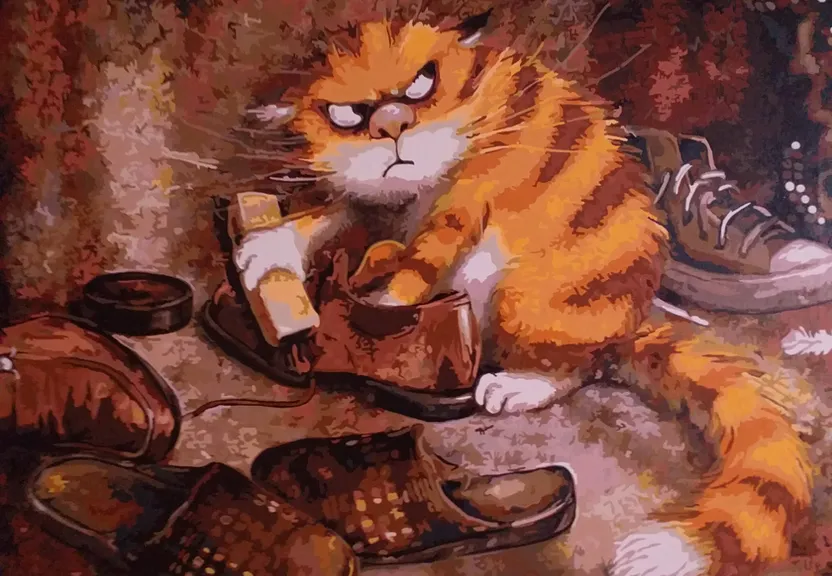 a painting of a cat sitting next to a pair of shoes